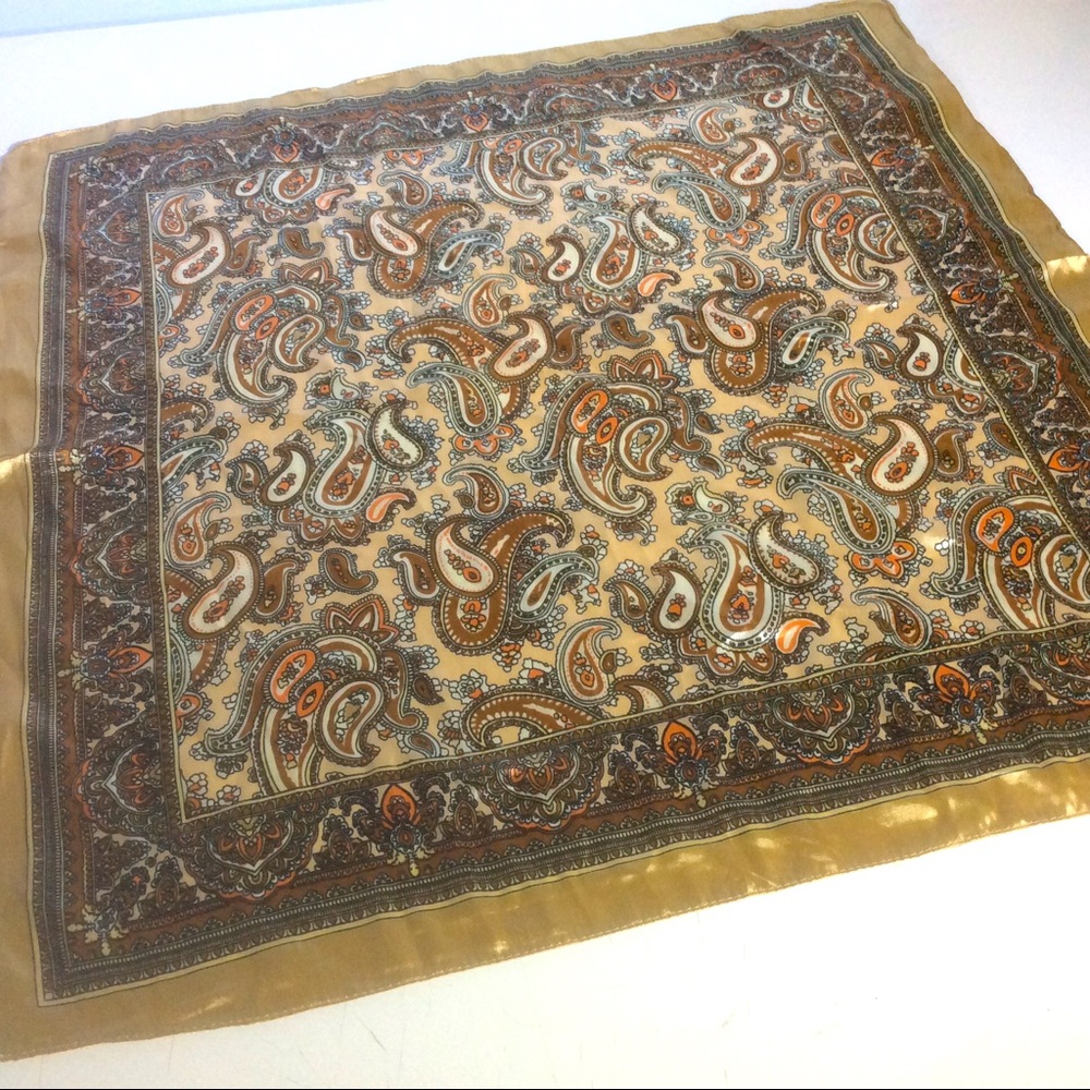 Brown Tan Paisley Print Square Scarf Poly Silk Blend Satin Finish Bohemian Wrap